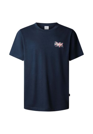 Tamnoplava T-majica kratkih rukava s malim amblemom zastave Union Jack na lijevoj strani prsa i okruglim izrezom na vratu.