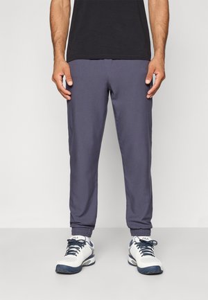 Graue Jogginghosen mit elastischen Bündchen, aus einem glatten Material. Tragen mit einem schwarzen T-Shirt und weißen Sportschuhen.