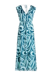 Teal maxi-jurk met een V-hals, kapmouwen en een abstracte spiraalpatroon. Het heeft een elastische taille en een striksluiting aan de achterkant.