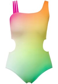 Eén-schouder badpak in een verloop van oranje, roze en groen. Heeft uitsneden aan de zijkanten en drie roze banden op de linker schouder.