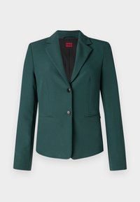 Zelený blazer vyrobený z texturované tkaniny, s klopovým límcem, dvěma předními kapsami, zapínáním na jeden knoflík a černou podšívkou.