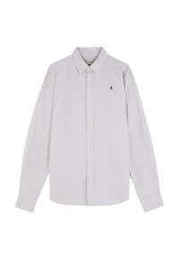 Camisa de manga larga a rayas en algodón blanco y azul. Presenta un cuello con botones, un bolsillo en el pecho y un pequeño detalle de logo.