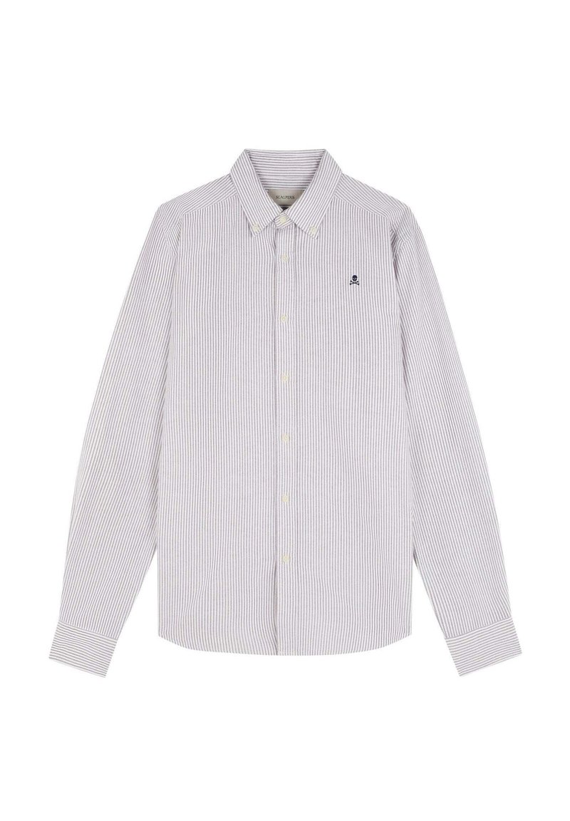 Camisa de manga larga a rayas en algodón blanco y azul. Presenta un cuello con botones, un bolsillo en el pecho y un pequeño detalle de logo.