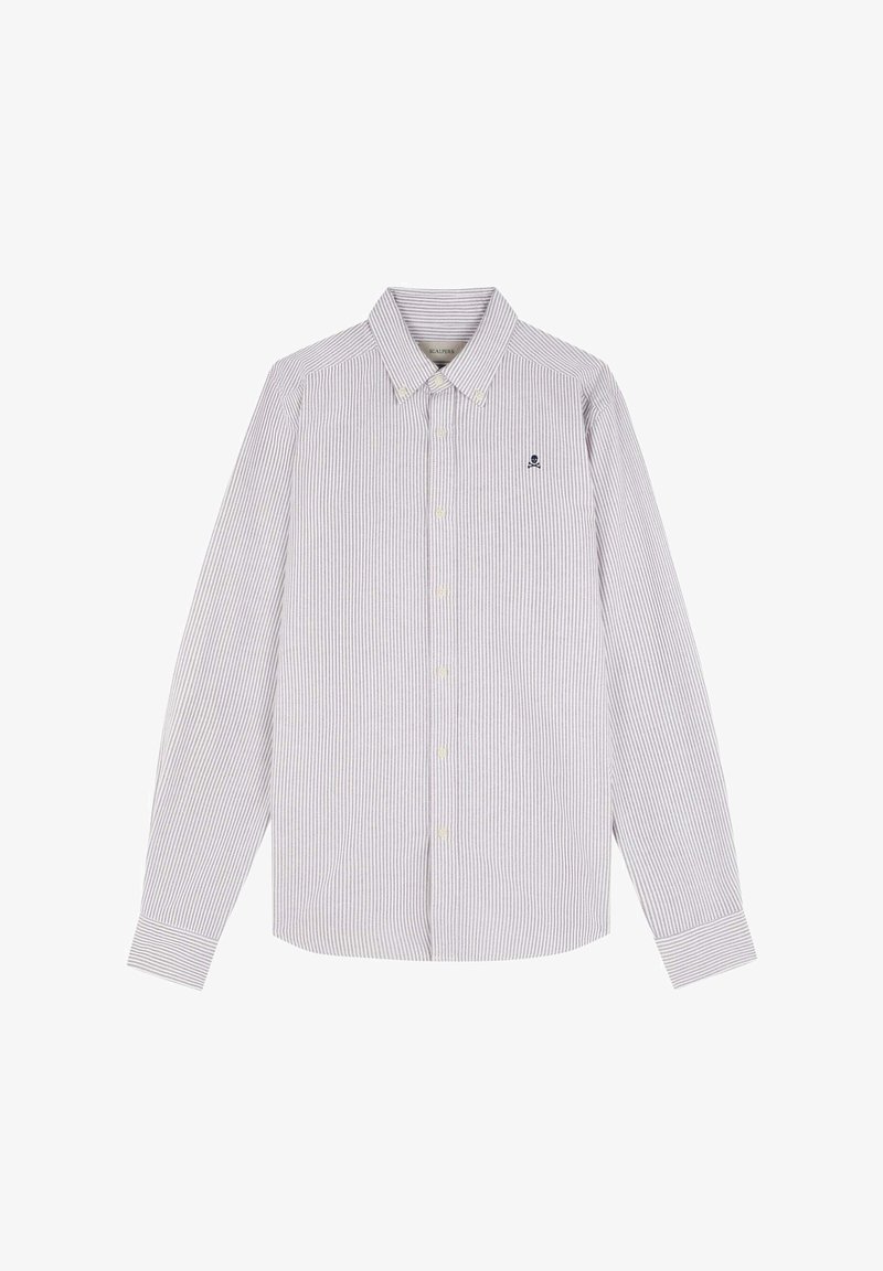 Camisa de manga larga a rayas en algodón blanco y azul. Presenta un cuello con botones, un bolsillo en el pecho y un pequeño detalle de logo.