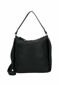 Schwarze Leder-Schultertasche mit strukturierter Oberfläche, einem verstellbaren Schulterriemen und einem Reißverschluss zum Verschließen. Minimalistische rechteckige Form.