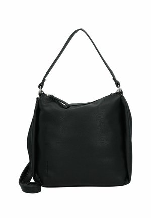 Sac à épaule en cuir noir avec une surface texturée, une seule sangle réglable et une fermeture zippée en haut. Forme rectangulaire minimaliste.