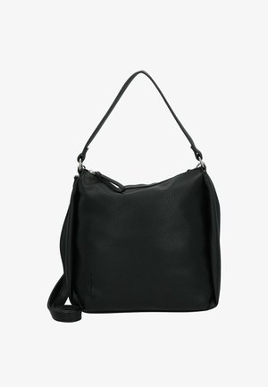 Schwarze Leder-Schultertasche mit strukturierter Oberfläche, einem verstellbaren Schulterriemen und einem Reißverschluss zum Verschließen. Minimalistische rechteckige Form.