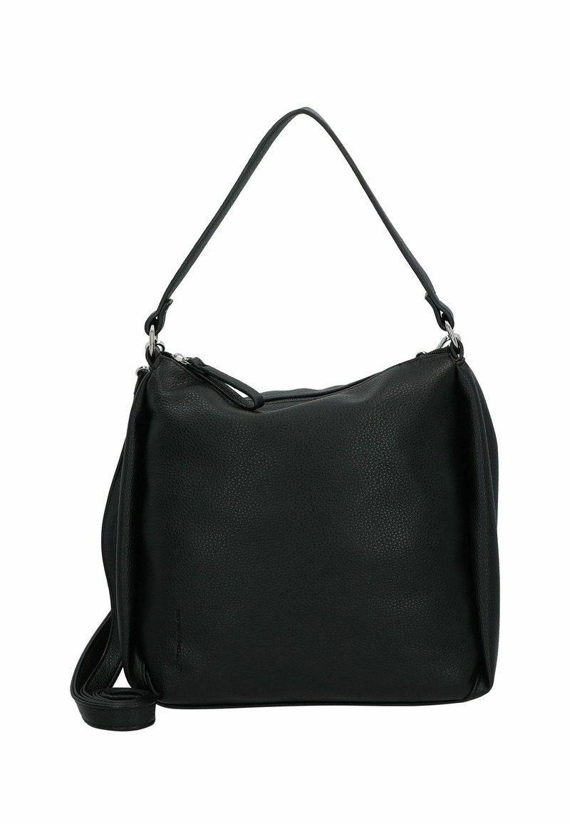 Schwarze Leder-Schultertasche mit strukturierter Oberfläche, einem verstellbaren Schulterriemen und einem Reißverschluss zum Verschließen. Minimalistische rechteckige Form.
