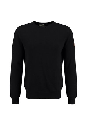 Schwarzer Strickpullover mit strukturiertem Muster, Rundhalsausschnitt und langen Ärmeln. Enthält ein kleines Lederakzent am linken Ärmel.