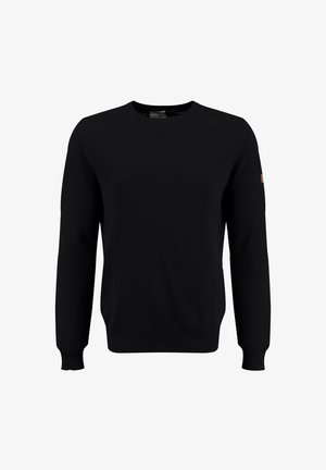 Schwarzer Strickpullover mit strukturiertem Muster, Rundhalsausschnitt und langen Ärmeln. Enthält ein kleines Lederakzent am linken Ärmel.
