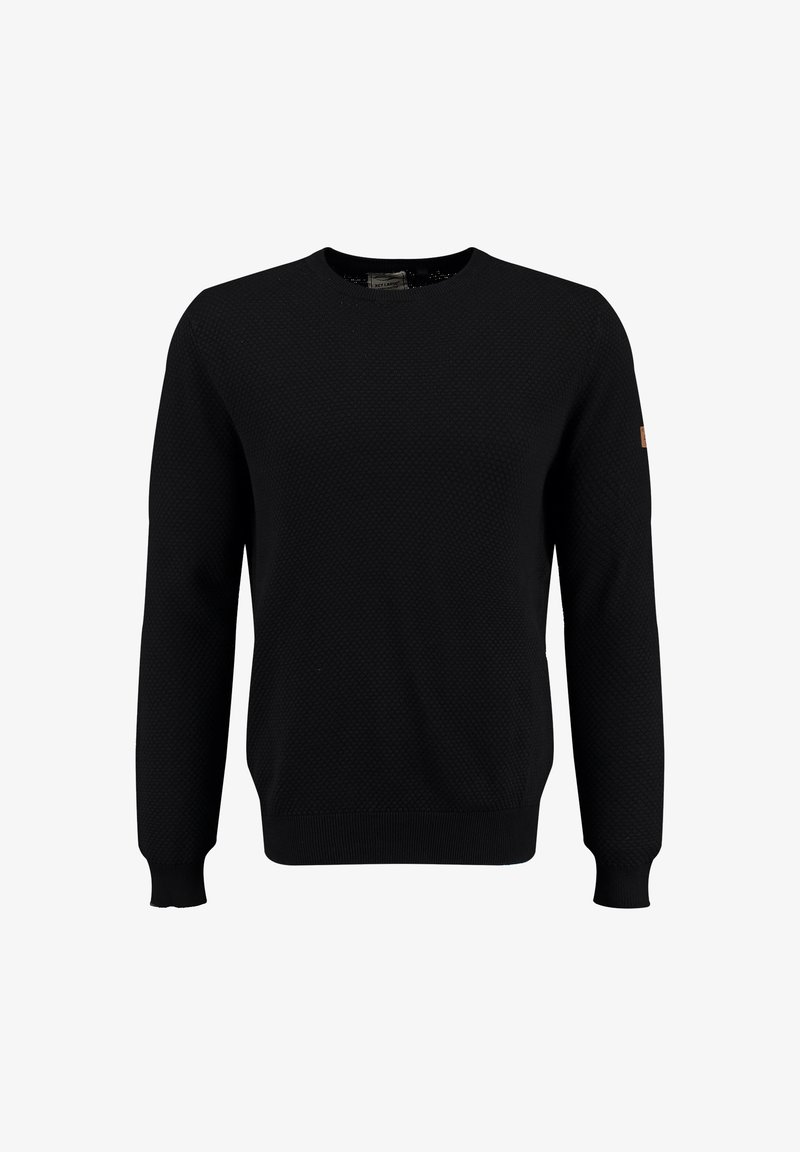 Suéter negro de punto con un patrón texturizado, escote redondo y mangas largas. Incluye un pequeño detalle de cuero en la manga izquierda.