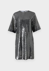 Φόρεμα με κοντά μανίκια από λαμπερά ασημί παγιέτες. Διαθέτει στρογγυλή λαιμόκοψη και φερμουάρ στην πλάτη. Χαλαρή, ευθεία εφαρμογή με λεία υφή.