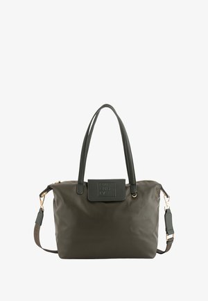 Sac à main vert foncé avec deux poignées, une bandoulière amovible, des accessoires en métal doré et un rabat avant portant l'inscription "AMICAL."