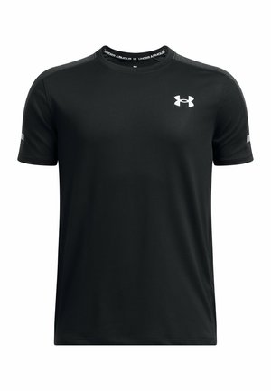 Czarna, krótka koszulka sportowa z syntetycznego materiału z okrągłym dekoltem. Posiada białe logo na klatce piersiowej oraz odblaskowe akcenty na rękawach.