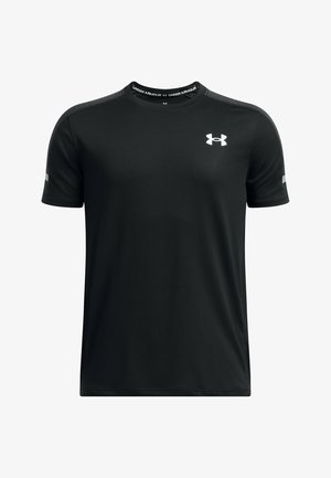 Czarna, krótka koszulka sportowa z syntetycznego materiału z okrągłym dekoltem. Posiada białe logo na klatce piersiowej oraz odblaskowe akcenty na rękawach.