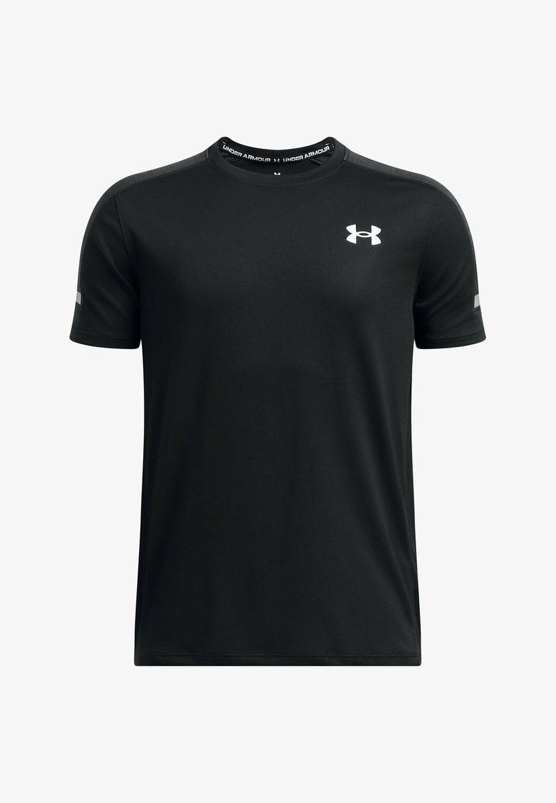 Czarna, krótka koszulka sportowa z syntetycznego materiału z okrągłym dekoltem. Posiada białe logo na klatce piersiowej oraz odblaskowe akcenty na rękawach.