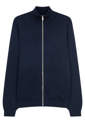 Marine zip-up sweatshirt met hoge kraag, geribbelde textuur, voorzakken en metalen ritsluiting. Zachte stof met een relaxte pasvorm.