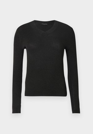 Black ribbed long-sleeve sweater with a V-neckline. Features a fitted silhouette and textured fabric, offering a subtle shine.