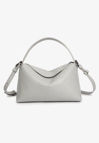 Gray leather handbag with a structured triangular shape. Features a single top handle and a detachable adjustable shoulder strap. Smooth texture.