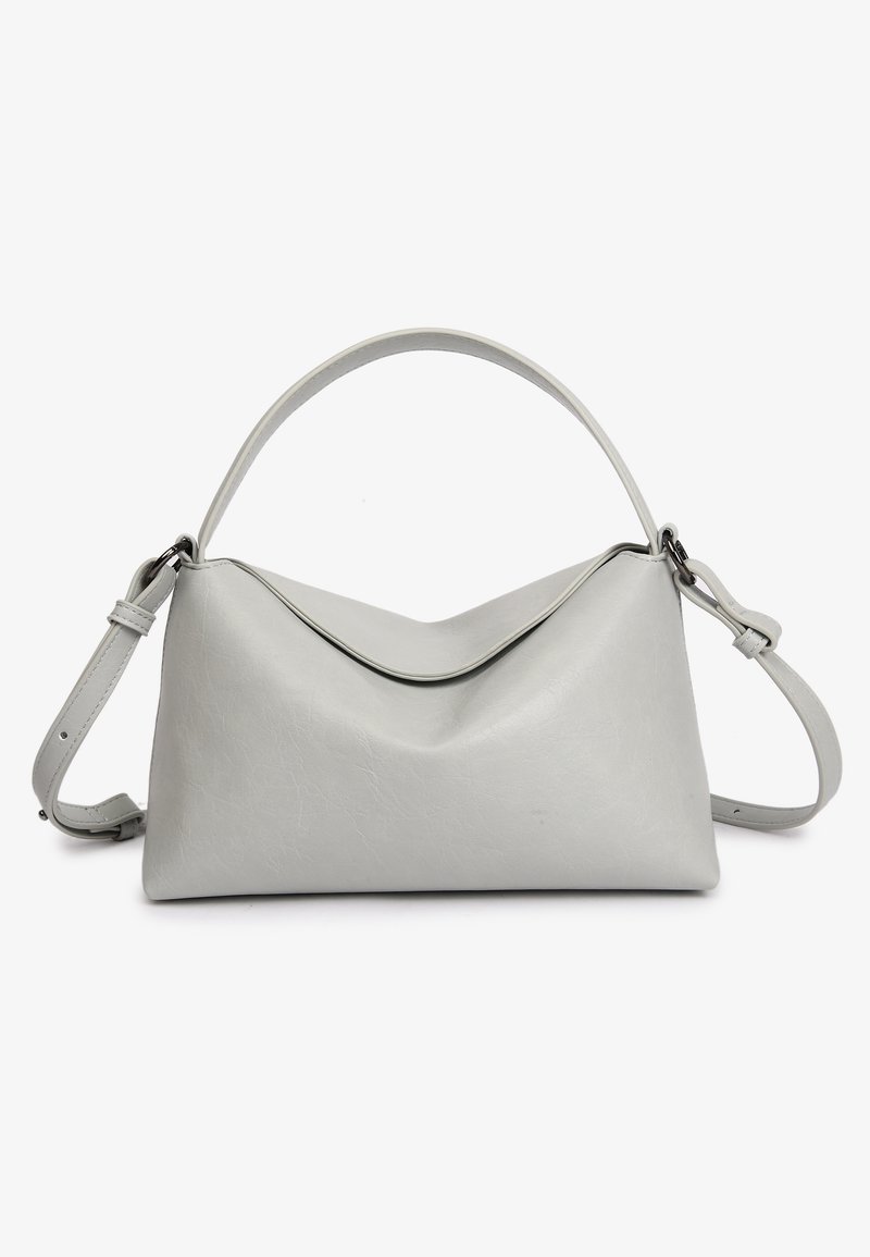 Gray leather handbag with a structured triangular shape. Features a single top handle and a detachable adjustable shoulder strap. Smooth texture.
