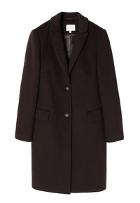 Manteau en laine marron à coupe ajustée, col à revers cranté, deux poches frontales et fermeture à bouton unique. Texture lisse, silhouette mi-longue.