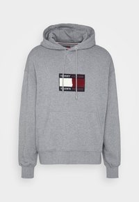 Sudadera con capucha gris, con un bolsillo delantero, que presenta un logo bordado multicolor y cordones ajustables. Puños y dobladillo acanalados.