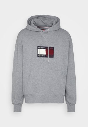 Sweatshirt gris à capuche avec une poche avant, arborant un logo brodé multicolore et des cordons de serrage. Poignets et ourlet côtelés.