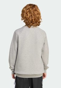 Sivá mikina vyrobená z jemnej tkaniny s uvoľneným strihom. Obsahuje raglánové rukávy a ribbovanú spodnú časť. Hladký povrch, bez viditeľných vzorov.
