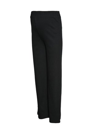 Schwarze Straight-Leg-Hose mit elastischem Bund, aus seitlicher Perspektive vor weißem Hintergrund gezeigt.