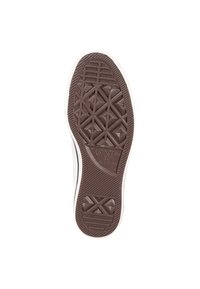 Semelle extérieure en caoutchouc marron avec un motif géométrique de lasemelle, comportant un logo circulaire et une bordure blanche contrastante à l\'extrémité.