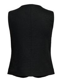 Vue de dos d'un gilet noir sans manches avec une couture droite au centre et un ourlet légèrement incurvé en bas.