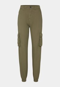 Pantalon cargo vert olive en tissu léger, doté de poches latérales, de poignets élastiques et d'une taille ajustée avec une fermeture à bouton.