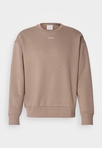 Sweat-shirt beige Calvin Klein à col rond avec manches longues et poignets et ourlet côtelés, présenté sur un fond blanc uni.