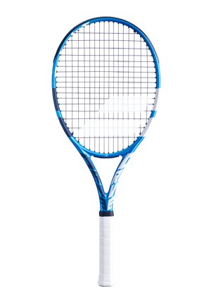 Blå og hvid tennisracket med et rundt hoved, gittermønstret strenge og struktureret hvidt greb. Har et strømlinet, letvægts rammedesign.