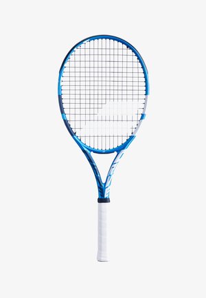 Blå og hvid tennisracket med et rundt hoved, gittermønstret strenge og struktureret hvidt greb. Har et strømlinet, letvægts rammedesign.