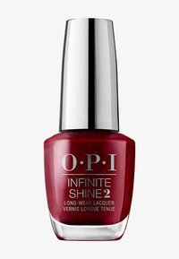 OPI Infinite Shine 2 nail lacquer in deep red glass bottle with a silver cap. Label displays brand and product details in white text.