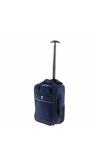 Borsa trolley blu navy con manico retrattile, due manici superiori, tasca frontale con zip e tasca laterale in rete. Tessuto resistente con design strutturato.