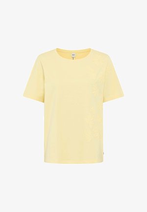 Hellgelbes kurzärmliges T-Shirt mit Rundhalsausschnitt und dezentem Blumenstickerei auf der rechten Seite.