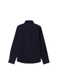 Camicia a maniche lunghe in corduroy blu navy con colletto classico e polsini con bottoni, caratterizzata da un design a retro dritto senza ulteriori decorazioni.