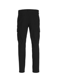 Pantalones cargo negros con un ajuste slim, múltiples bolsillos laterales y una textura de tela suave. Diseñados con una cintura de altura media.