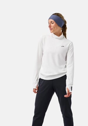 White long-sleeve athletic top with subtle textured pattern, high neck, and black logo, paired with black pants and a blue headband.