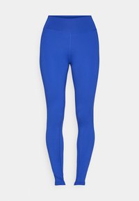 Niebieskie legginsy z wysokim pasem, wykonane z gładkiego, elastycznego materiału. Posiadają dopasowany krój i bezszwowe szwy na całej długości.