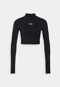 Schwarzes langärmeliges Turtleneck-Crop-Top aus elastischem Material, mit einem kleinen weißen gestickten Design auf der Brust.
