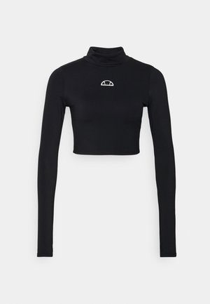 Black long-sleeve turtleneck crop top made of stretchy material, featuring a small white embroidered design at the chest.