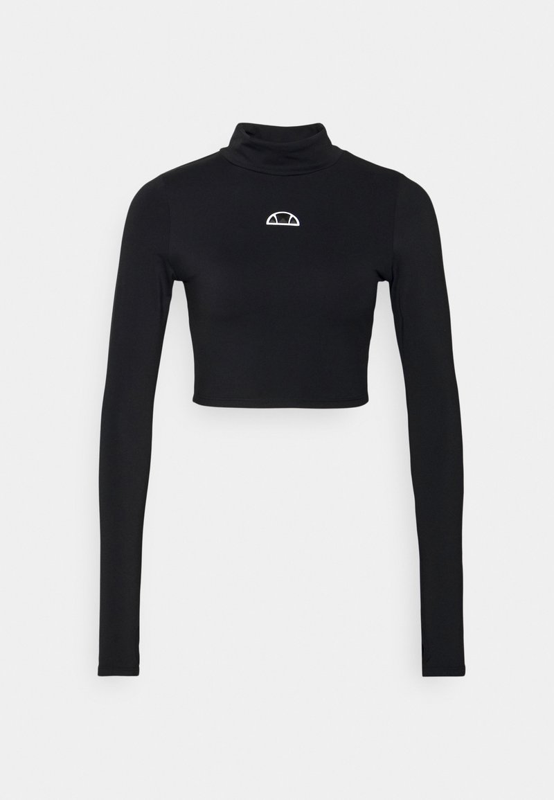 Schwarzes langärmeliges Turtleneck-Crop-Top aus elastischem Material, mit einem kleinen weißen gestickten Design auf der Brust.