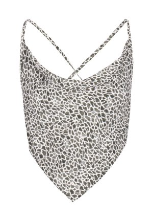 Női ujjatlan háromszög alakú bandana felső vékony, keresztbe tett pántokkal és fekete-fehér absztrakt állatmintás mintázattal.