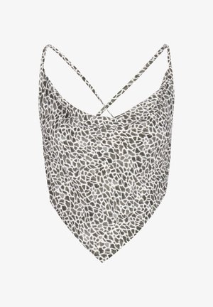 Női ujjatlan háromszög alakú bandana felső vékony, keresztbe tett pántokkal és fekete-fehér absztrakt állatmintás mintázattal.