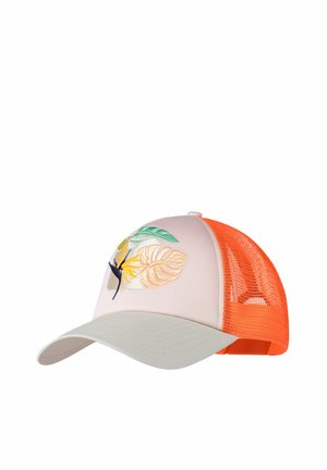 Beige and light gray trucker cap with orange mesh back and embroidered tropical leaf and flower design on front panel.