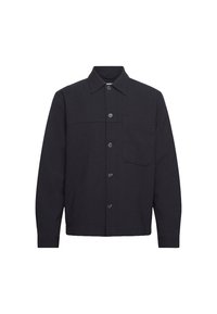 Chaqueta abotonada de un tono azul marino oscuro, con un bolsillo delantero, collar y mangas largas. Fabricada con un tejido texturizado y acabado suave.