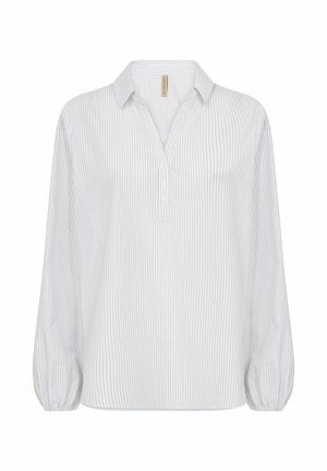 Witte blouse met lange mouwen en verticale blauwe strepen, een V-hals en knoopdetails. Beschikt over losse, gathered mouwen voor gemakkelijke beweging.